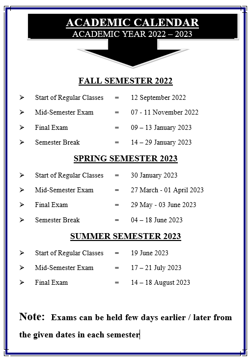 ACADEMIC CALENDAR 2022 2023 National University Of Sciences And 